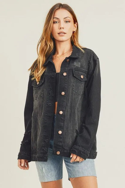 RISEN Full Size Distressed Long Sleeve Denim Jacket for Women - Love Salve 