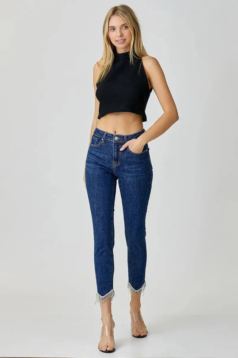 RISEN Full Size Embellished Mid Rise Crop Skinny Jeans - Love Salve 