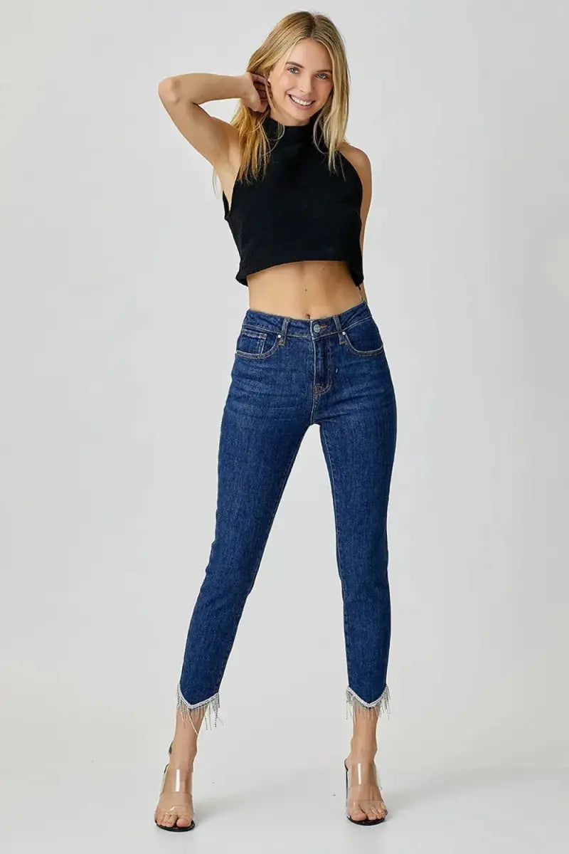 RISEN Full Size Embellished Mid Rise Crop Skinny Jeans - Love Salve 
