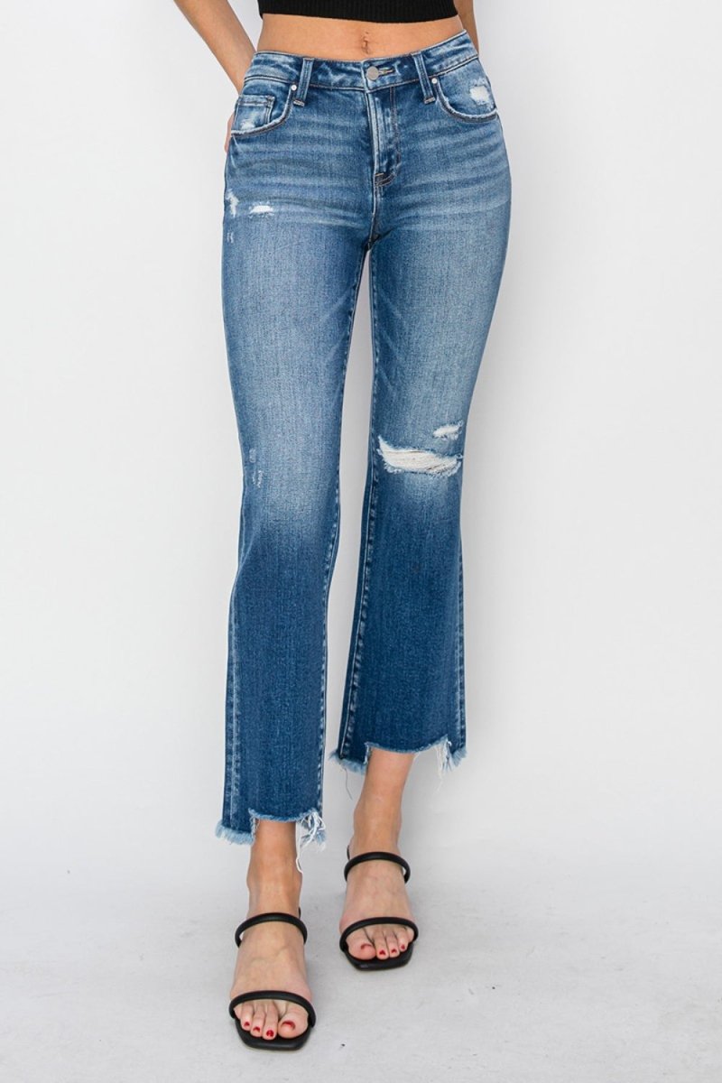 RISEN Full Size Frayed Step Hem Ankle Straight Jeans Style - Love Salve 