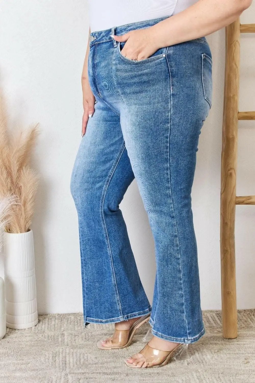 Elevate Full Figure High Waist Ankle Flare Jeans: Curve-Enhancing Chic Denim - Love Salve 