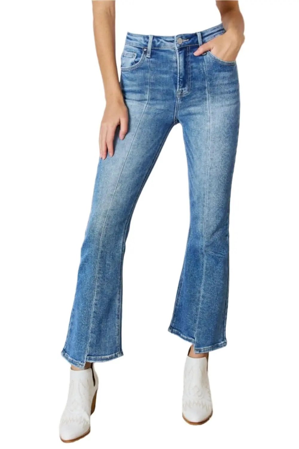 Elevate Full Figure High Waist Ankle Flare Jeans: Curve-Enhancing Chic Denim - Love Salve 