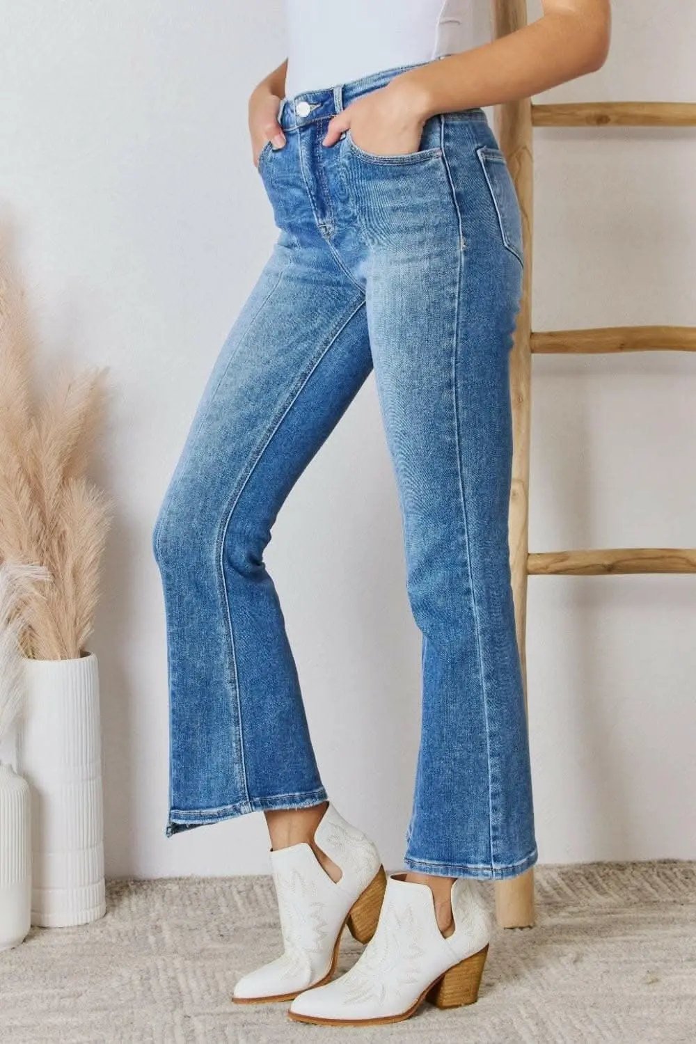 Elevate Full Figure High Waist Ankle Flare Jeans: Curve-Enhancing Chic Denim - Love Salve 