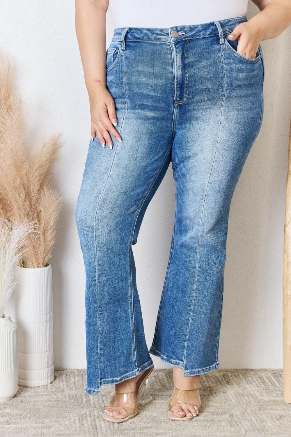 Elevate Full Figure High Waist Ankle Flare Jeans: Curve-Enhancing Chic Denim - Love Salve 