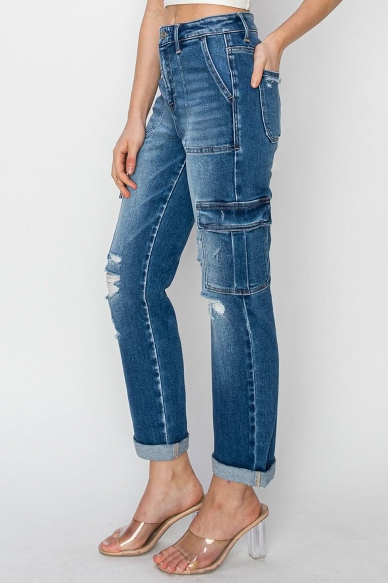 RISEN Full Size High Rise Cargo Ankle Roll Up Straight Jeans - Love Salve 