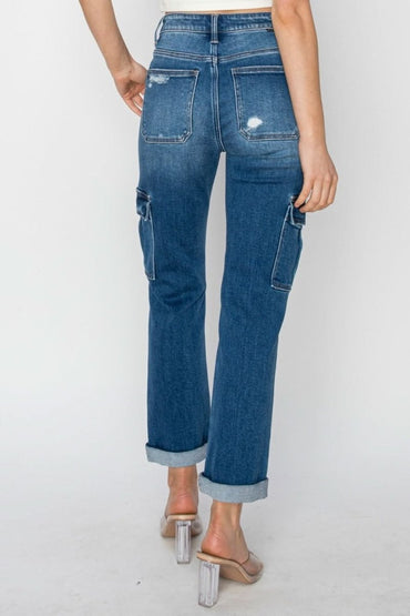 RISEN Full Size High Rise Cargo Ankle Roll Up Straight Jeans - Love Salve 