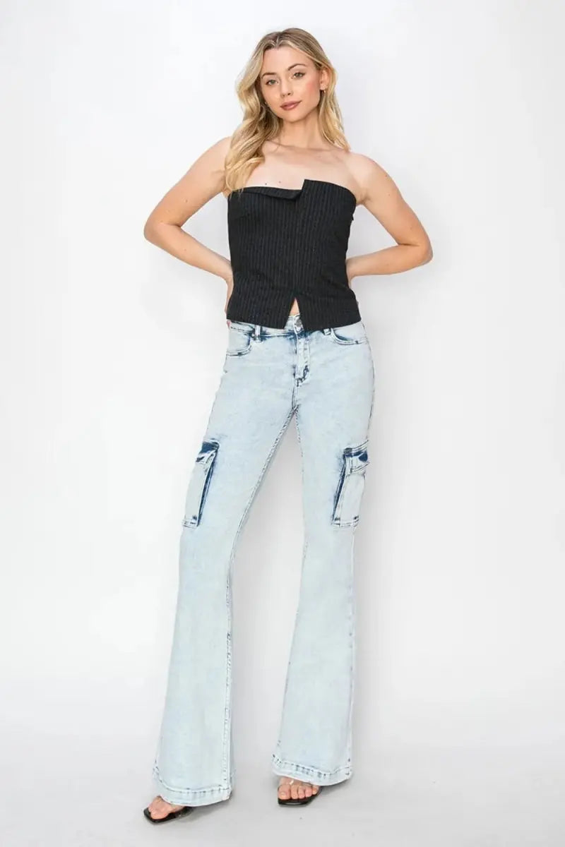 RISEN Full Size High Rise Cargo Flare Jeans for Women - Love Salve 