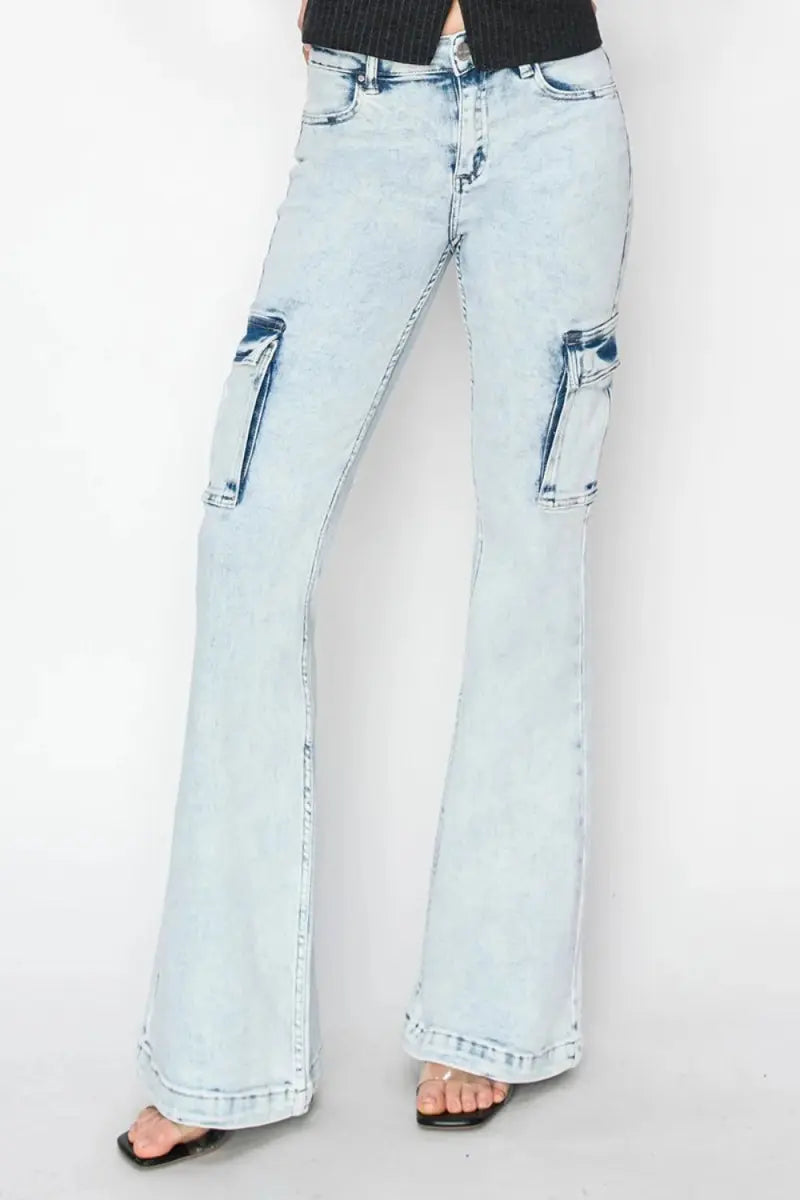 RISEN Full Size High Rise Cargo Flare Jeans for Women - Love Salve 