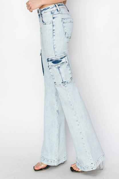 RISEN Full Size High Rise Cargo Flare Jeans for Women - Love Salve 