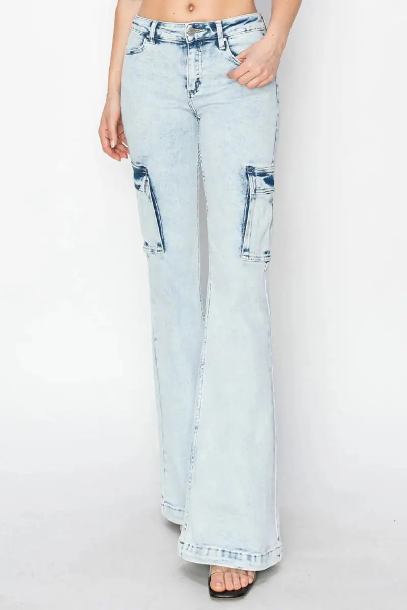 RISEN Full Size High Rise Cargo Flare Jeans for Women - Love Salve 