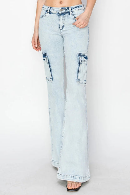 RISEN Full Size High Rise Cargo Flare Jeans for Women - Love Salve 