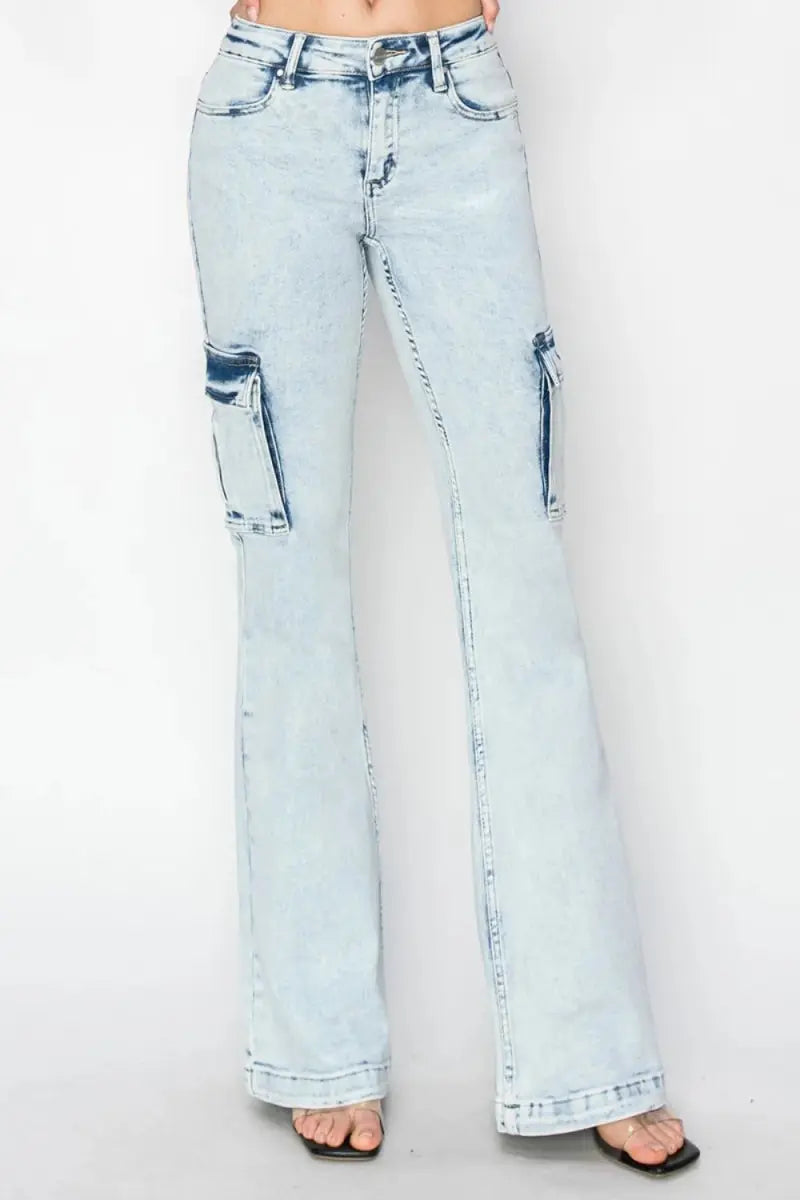 RISEN Full Size High Rise Cargo Flare Jeans for Women - Love Salve 