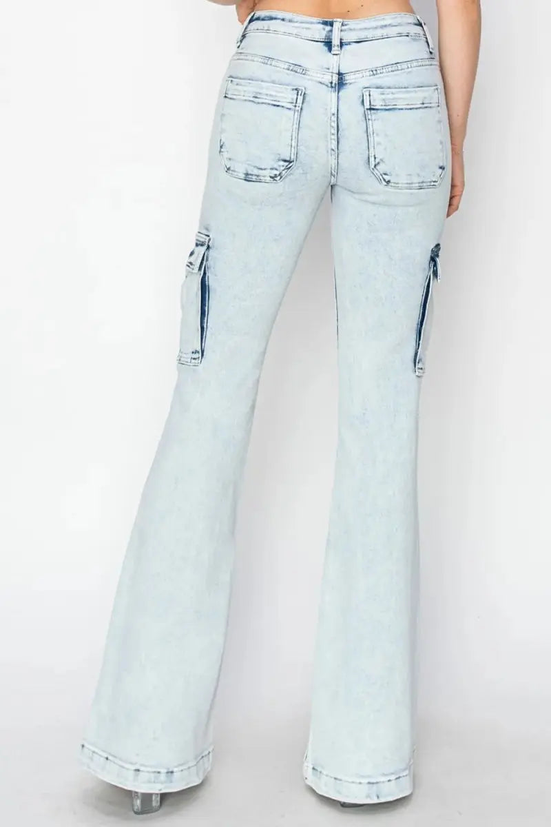 RISEN Full Size High Rise Cargo Flare Jeans for Women - Love Salve 