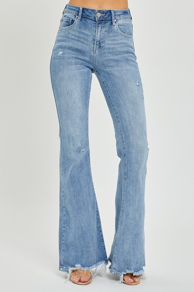Risen Full Size High Rise Frayed Hem Flare Jeans for Women - Love Salve 