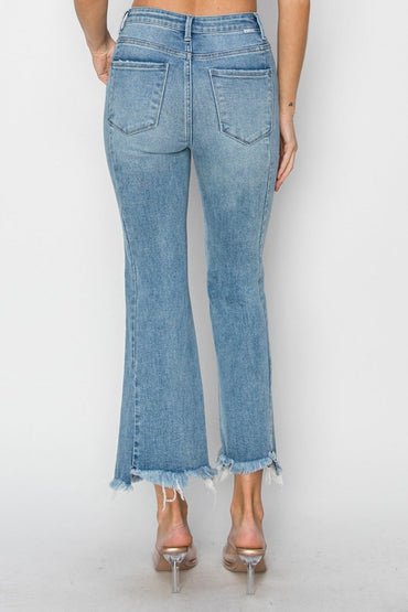 RISEN Full Size High Rise Frayed Hem Flare Jeans for Women - Love Salve 