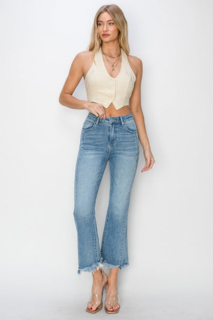 RISEN Full Size High Rise Frayed Hem Flare Jeans for Women - Love Salve 