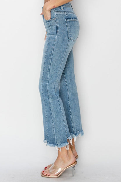 RISEN Full Size High Rise Frayed Hem Flare Jeans for Women - Love Salve 