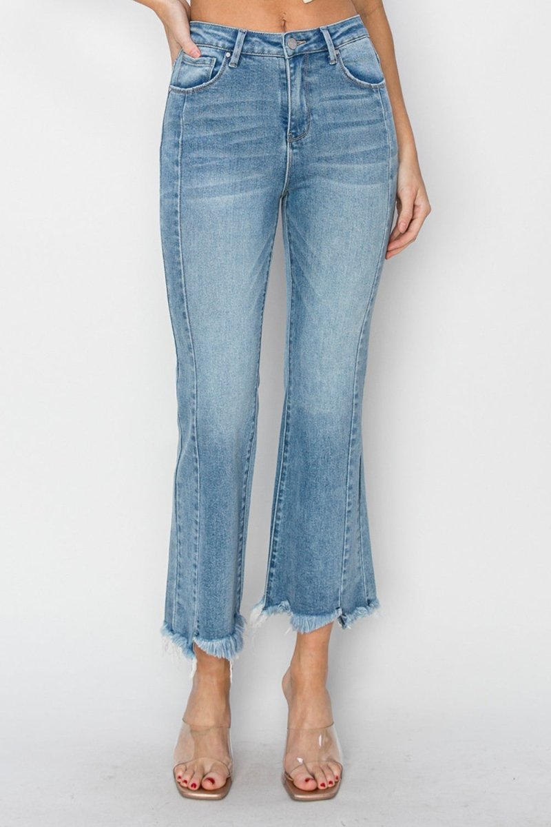 RISEN Full Size High Rise Frayed Hem Flare Jeans for Women - Love Salve 