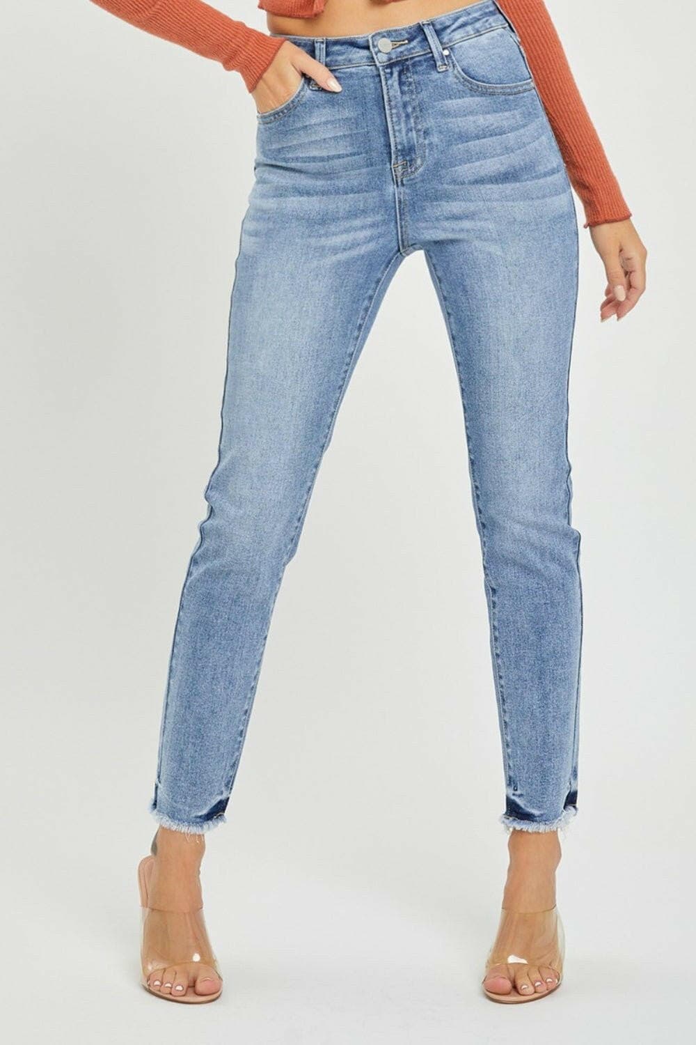 RISEN Full Size High Rise Frayed Hem Skinny Jeans - Love Salve