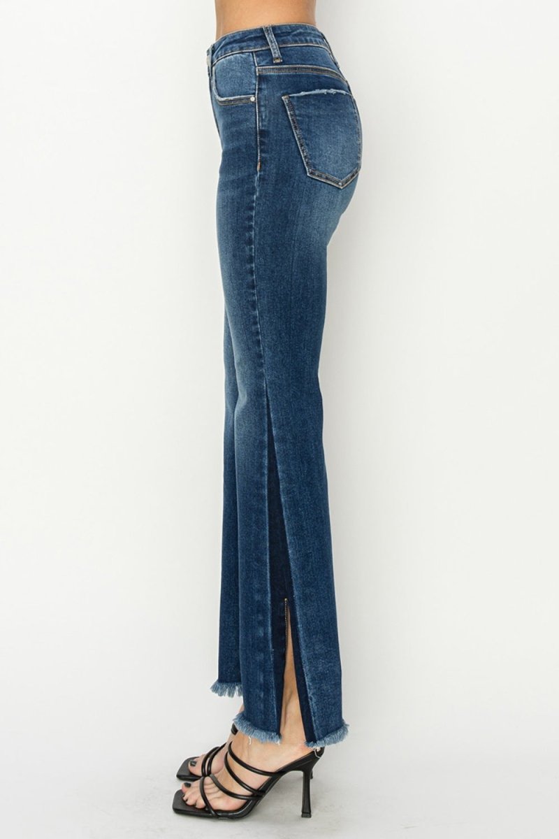 RISEN Full Size High Rise Side Shadow Seam Detail Slit Flare Jeans - Love Salve 