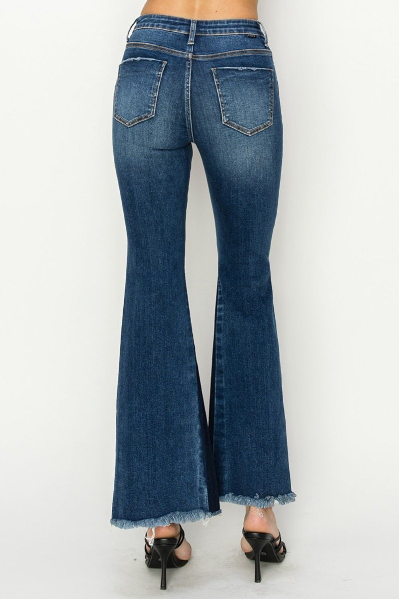 RISEN Full Size High Rise Side Shadow Seam Detail Slit Flare Jeans - Love Salve 