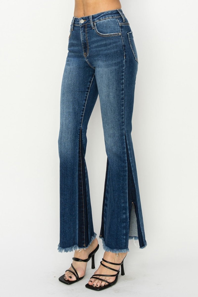 RISEN Full Size High Rise Side Shadow Seam Detail Slit Flare Jeans - Love Salve 