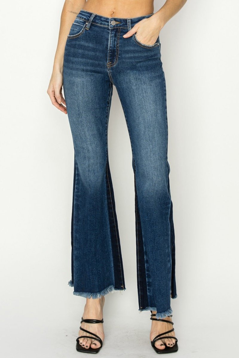 RISEN Full Size High Rise Side Shadow Seam Detail Slit Flare Jeans - Love Salve 