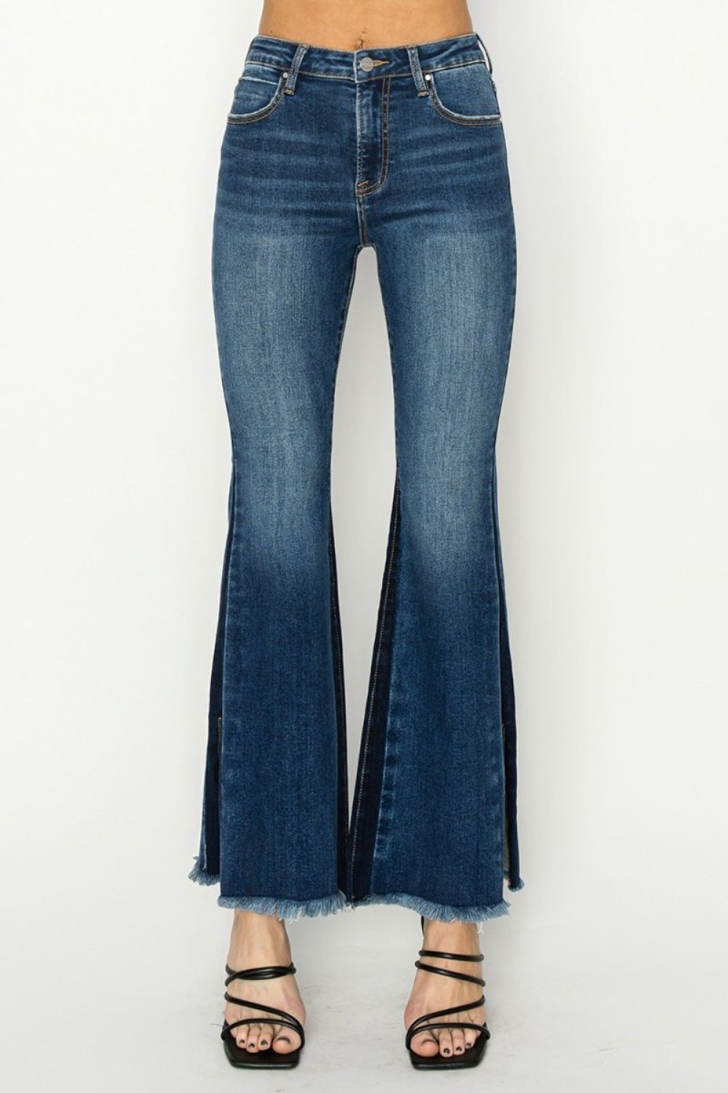 RISEN Full Size High Rise Side Shadow Seam Detail Slit Flare Jeans - Love Salve 