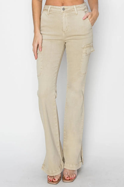 RISEN Full Size High Rise Side Slit Cargo Bootcut Jeans - Love Salve 