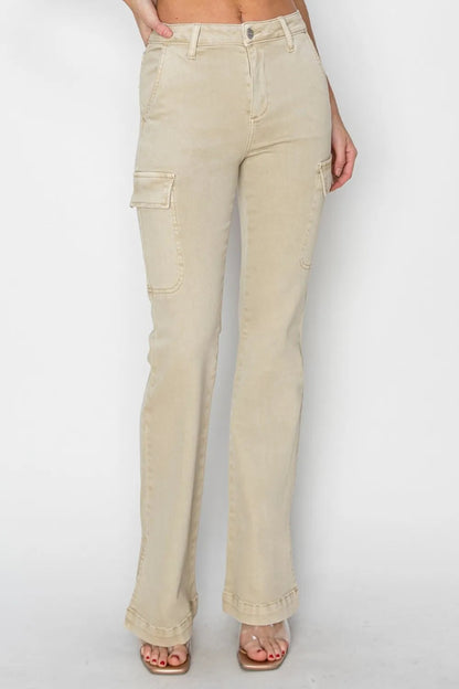RISEN Full Size High Rise Side Slit Cargo Bootcut Jeans - Love Salve 