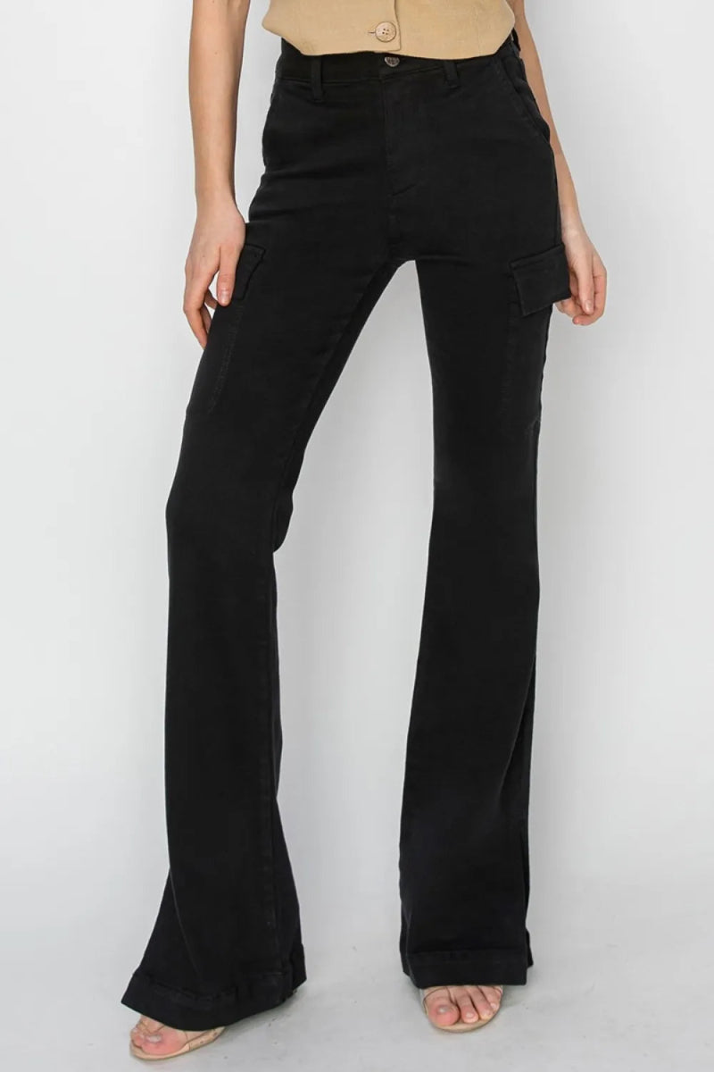 RISEN Full Size High Rise Side Slit Cargo Bootcut Jeans - Love Salve