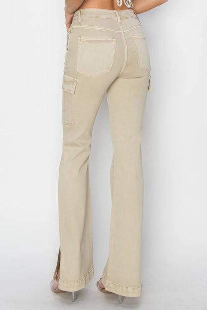 RISEN Full Size High Rise Side Slit Cargo Bootcut Jeans - Love Salve 