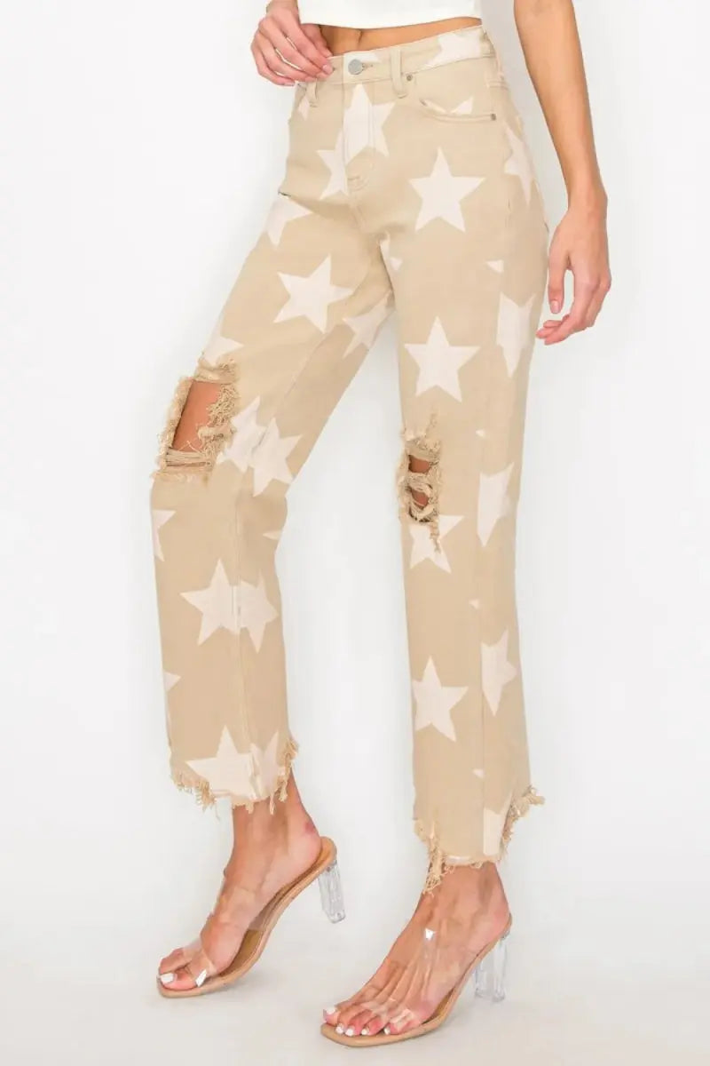 RISEN Full Size High Rise Star Printed Frayed Hem Jeans - Love Salve 