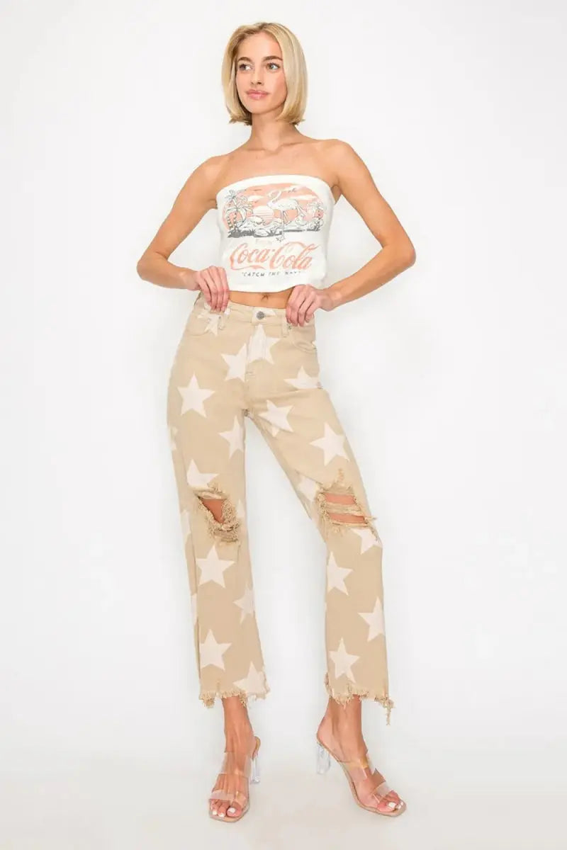 RISEN Full Size High Rise Star Printed Frayed Hem Jeans - Love Salve 