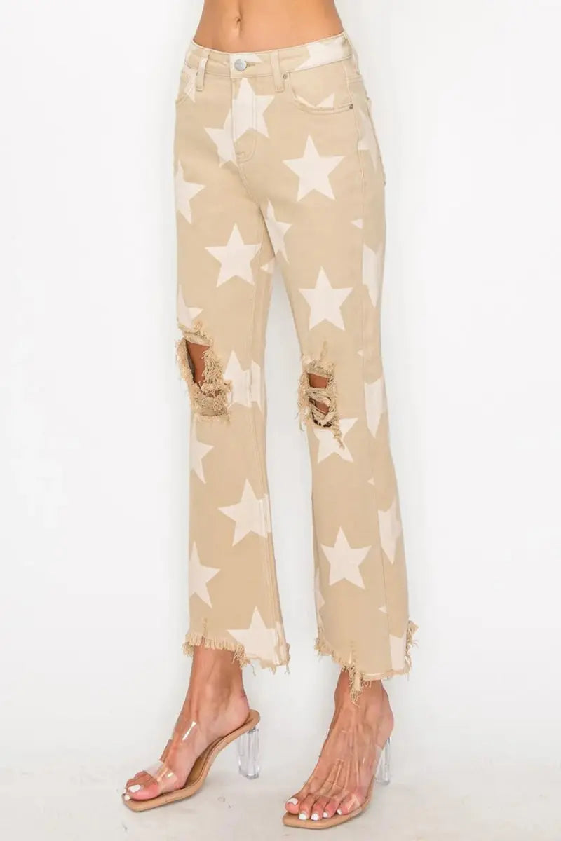 RISEN Full Size High Rise Star Printed Frayed Hem Jeans - Love Salve 