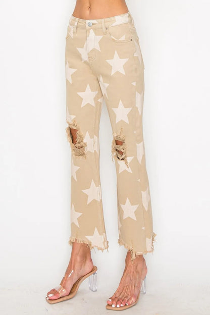 RISEN Full Size High Rise Star Printed Frayed Hem Jeans - Love Salve 