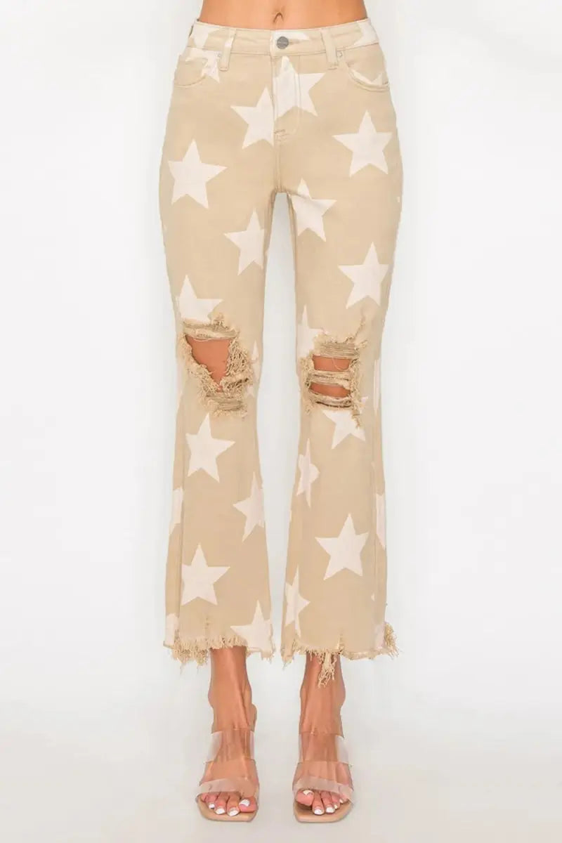 RISEN Full Size High Rise Star Printed Frayed Hem Jeans - Love Salve 