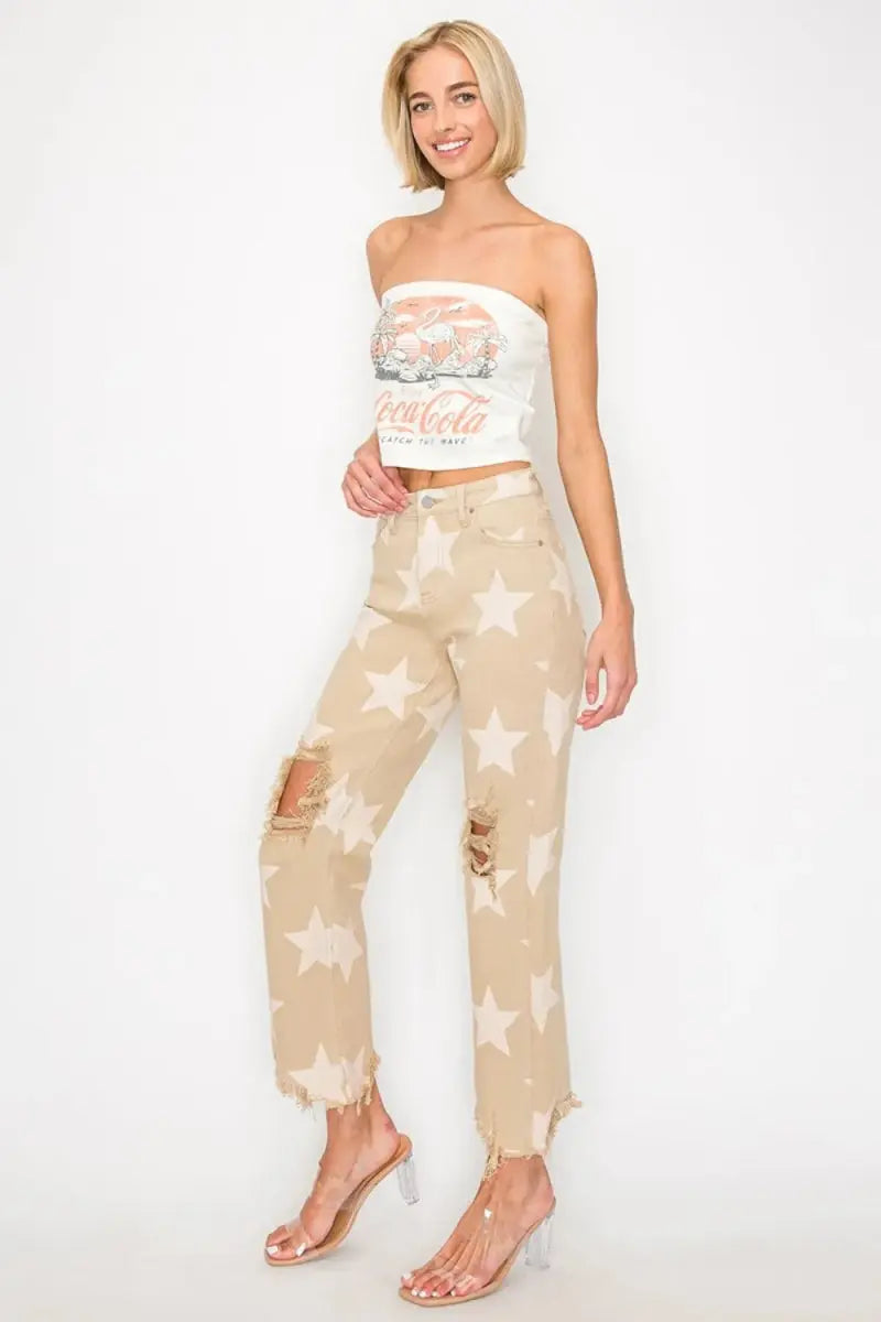 RISEN Full Size High Rise Star Printed Frayed Hem Jeans - Love Salve 