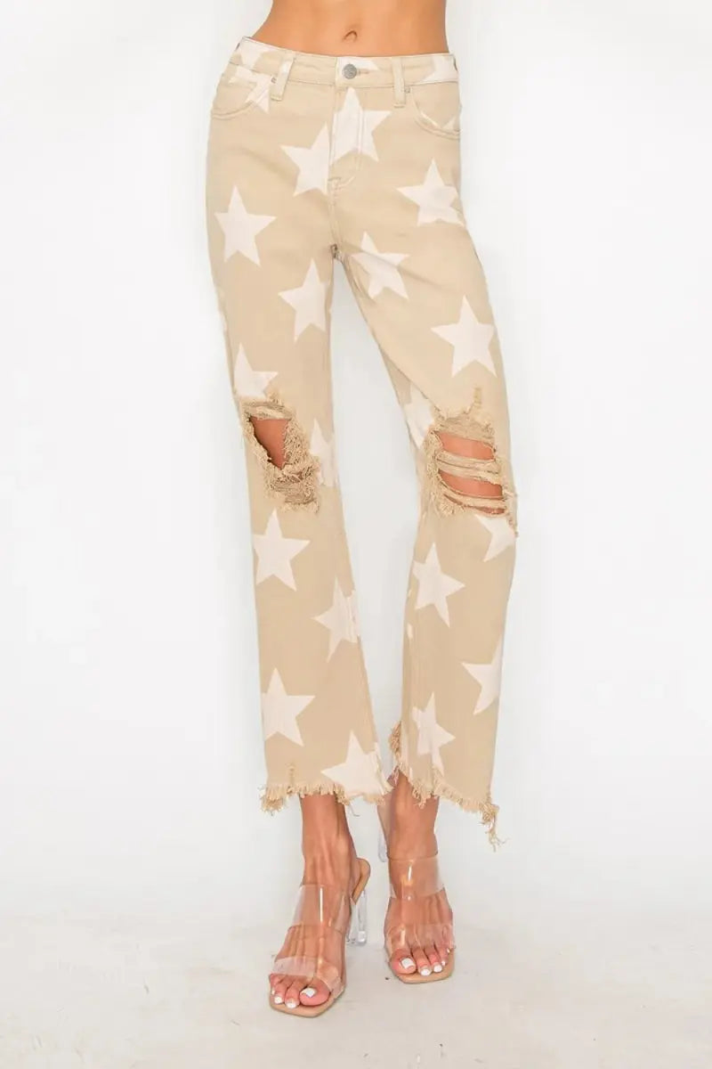 RISEN Full Size High Rise Star Printed Frayed Hem Jeans - Love Salve 