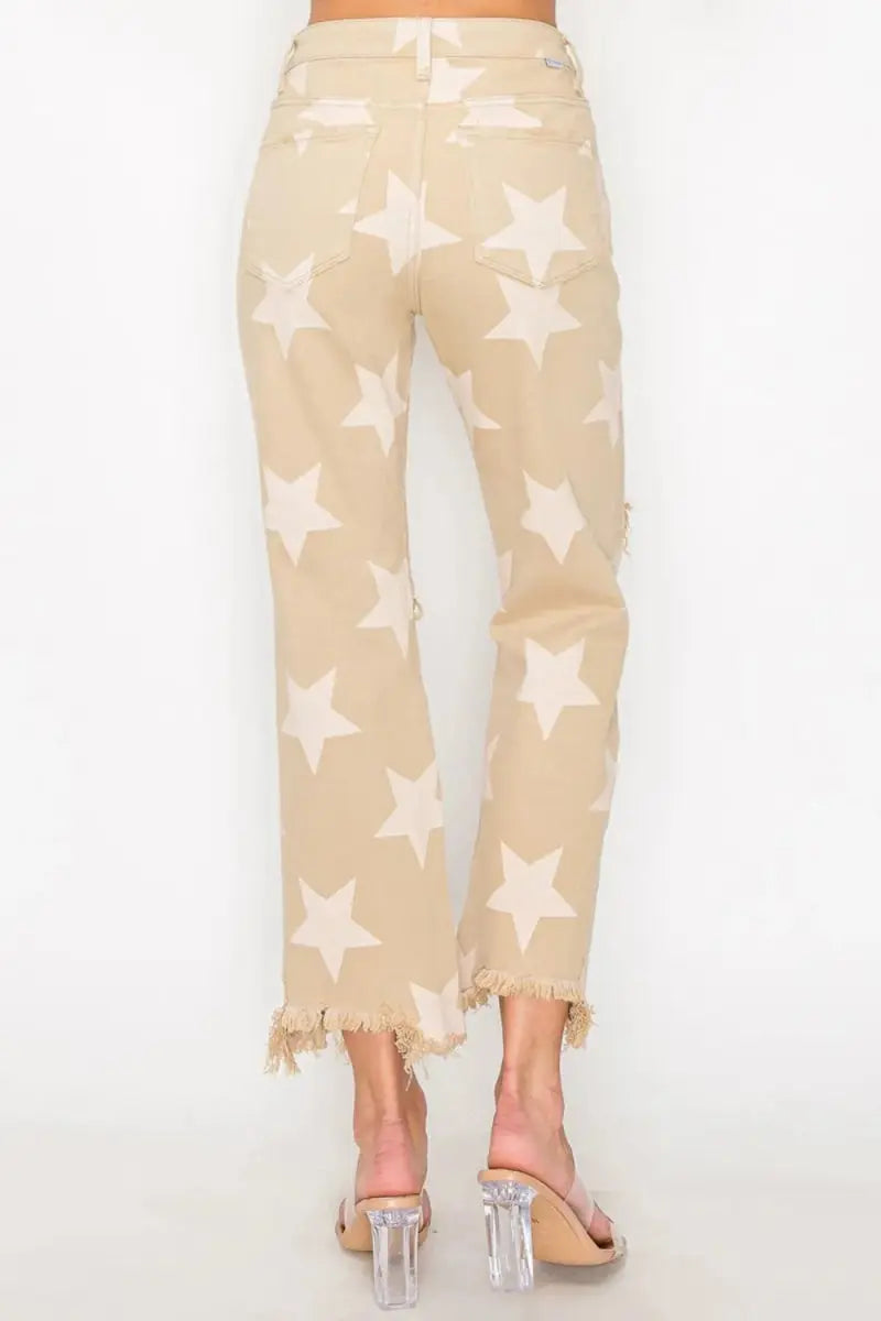 RISEN Full Size High Rise Star Printed Frayed Hem Jeans - Love Salve 