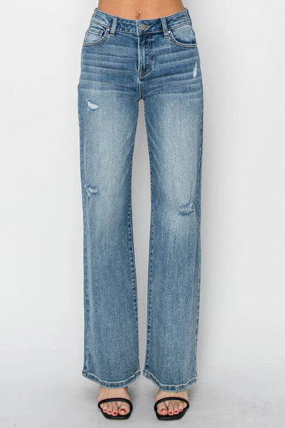 RISEN Full Size High Waist Distressed Wide Leg Jeans - Love Salve 