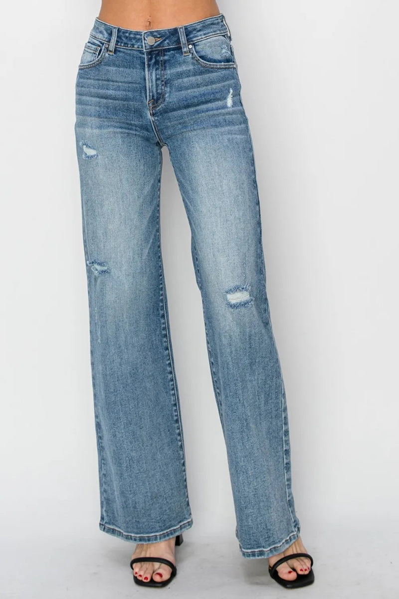 RISEN Full Size High Waist Distressed Wide Leg Jeans - Love Salve 