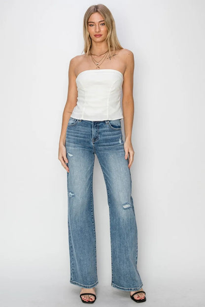 RISEN Full Size High Waist Distressed Wide Leg Jeans - Love Salve 