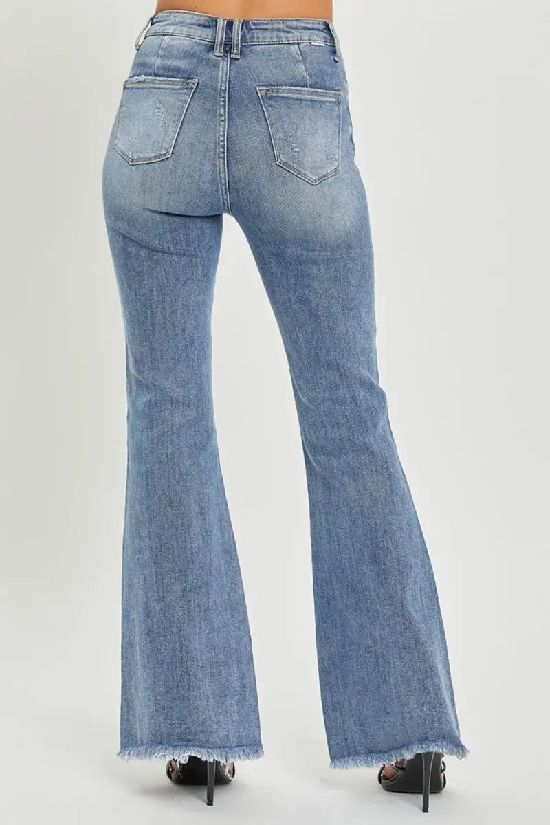RISEN Full Size High Waist Raw Hem Flare Jeans for Women - Love Salve 