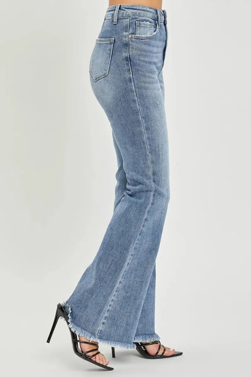 RISEN Full Size High Waist Raw Hem Flare Jeans for Women - Love Salve 