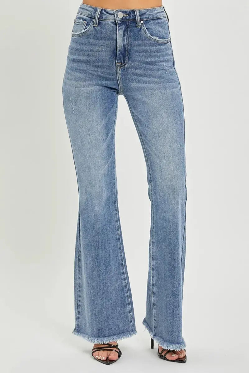 RISEN Full Size High Waist Raw Hem Flare Jeans for Women - Love Salve 