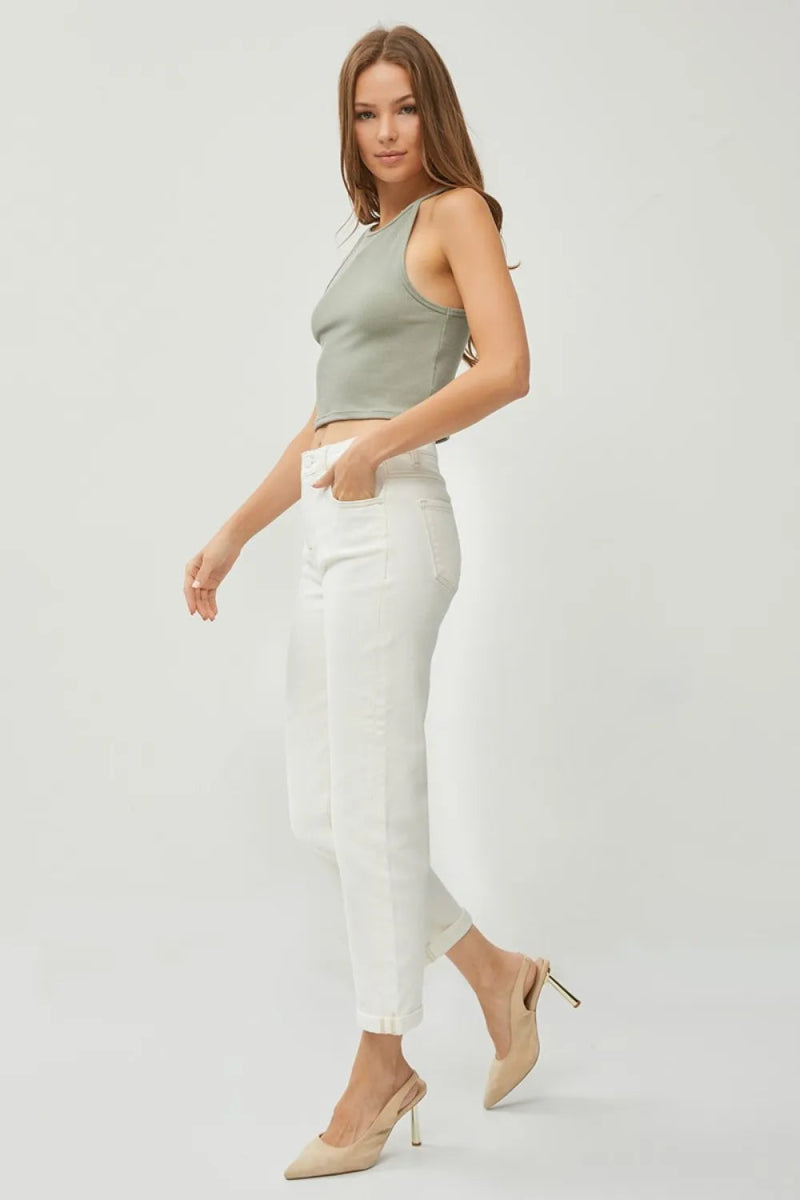 RISEN Full Size High Waist Rolled Hem Straight Jeans for Women - Love Salve 
