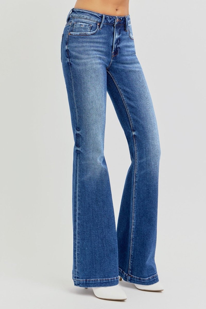 RISEN Full Size Low Rise Flare Jeans with Pockets Available - Love Salve 