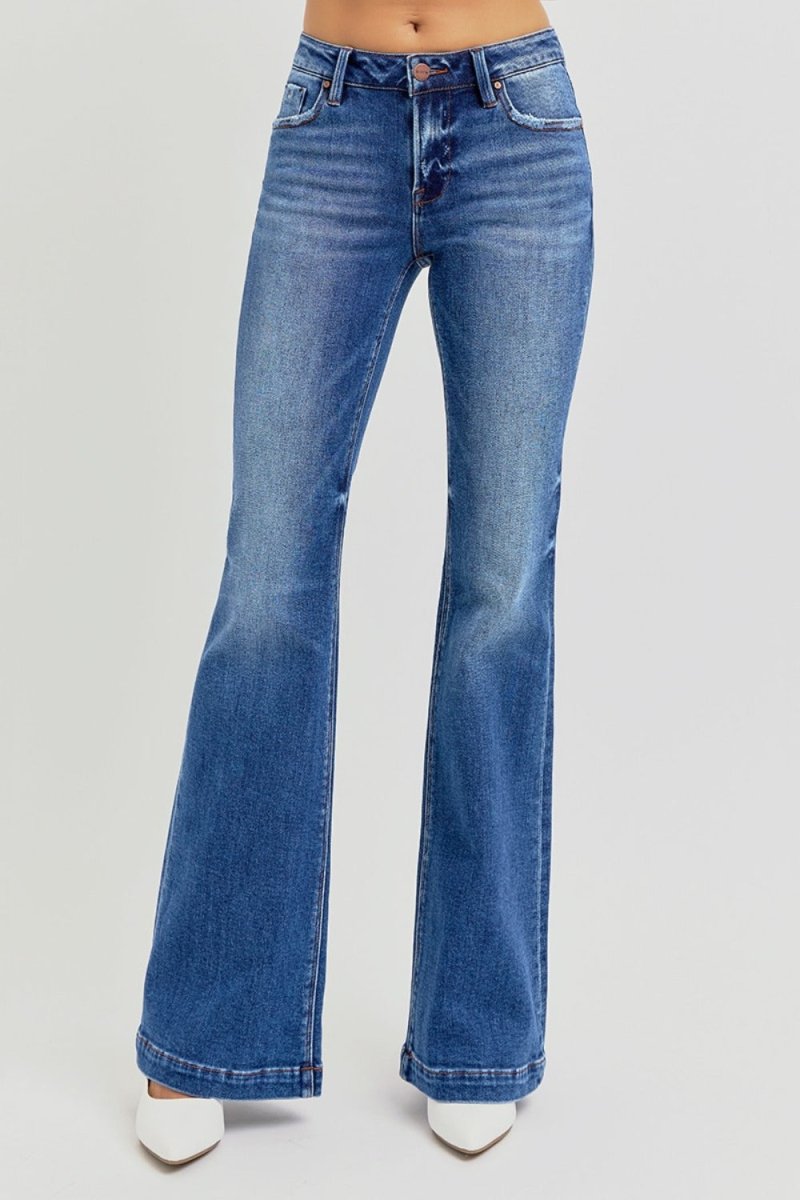 RISEN Full Size Low Rise Flare Jeans with Pockets Available - Love Salve 