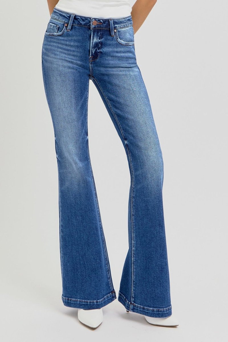 RISEN Full Size Low Rise Flare Jeans with Pockets Available - Love Salve 
